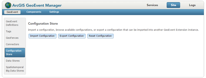 Use GeoEvent Manager to import and export configurations. Use GeoEvent Manager to import and export configurations.